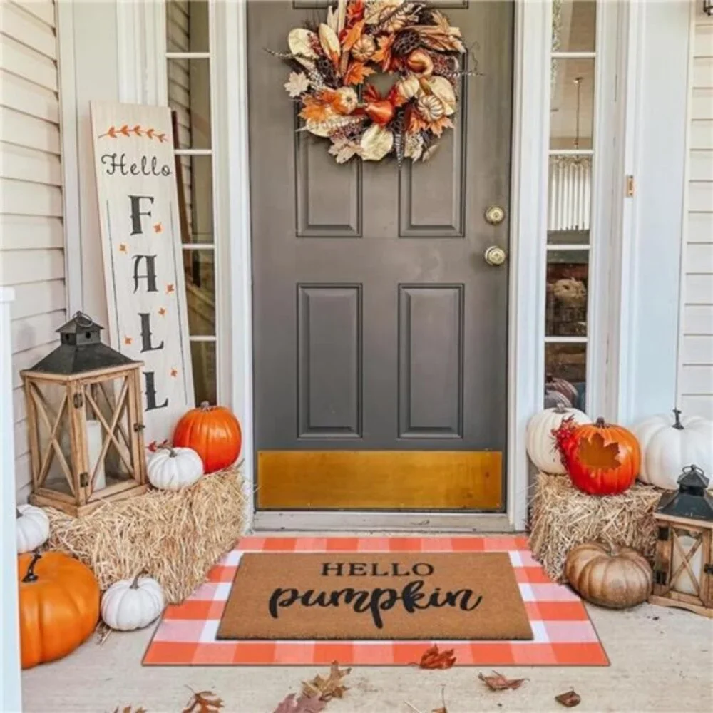 Fall Welcome Mat Set: Coco Coir Mat & 28x43 Orange/White Plaid Rug -Autumn Decor